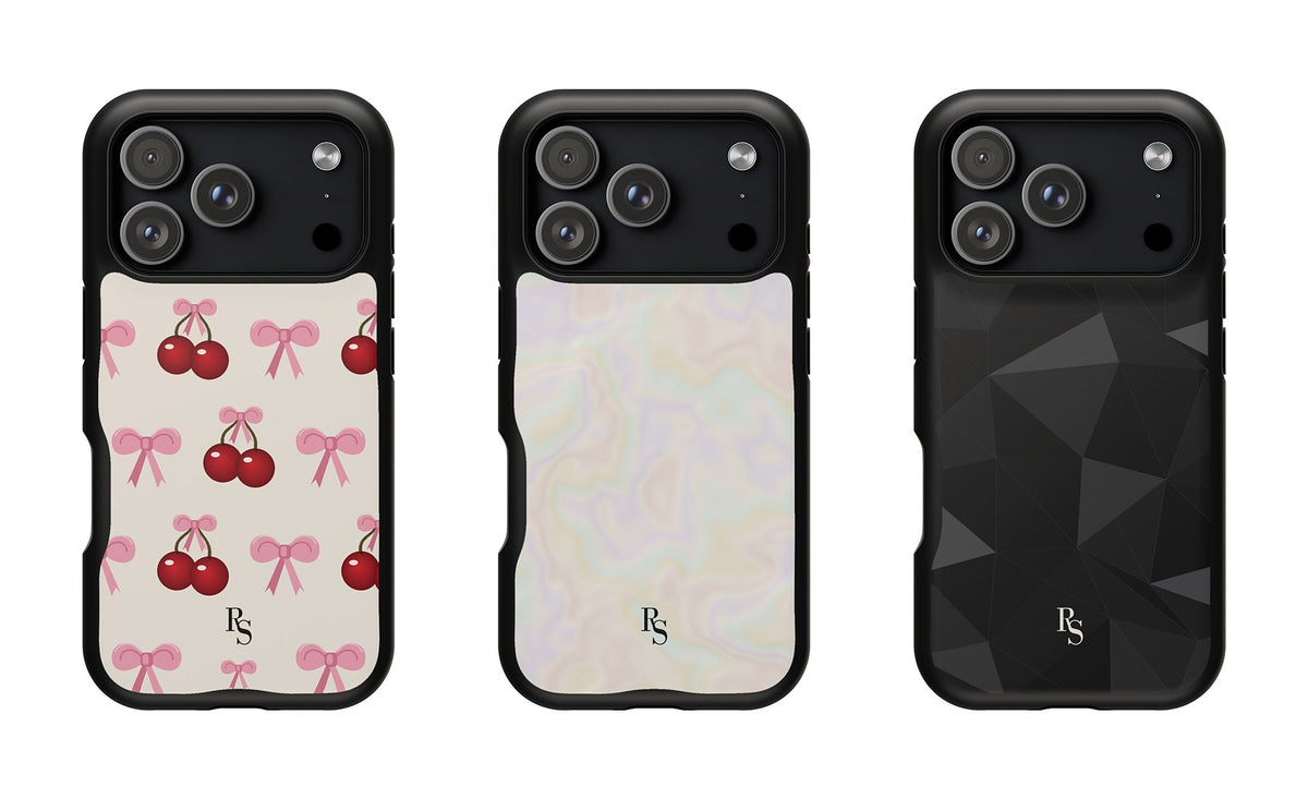 Cherry Girl, Cream Pearl and Obsidian Facet cases side by side, product mockups